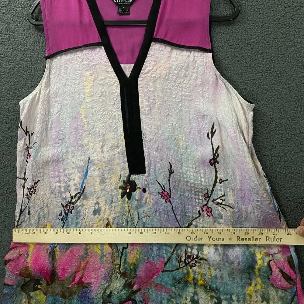 Citron Santa Monica Dress size Large 100% Silk Floral Sleeveless Asian Cherry